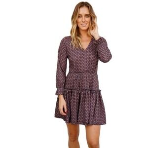 NWT A. Helm Floral Print Long Sleeve Mini Dress Tie Waist Ruffle Hem Small